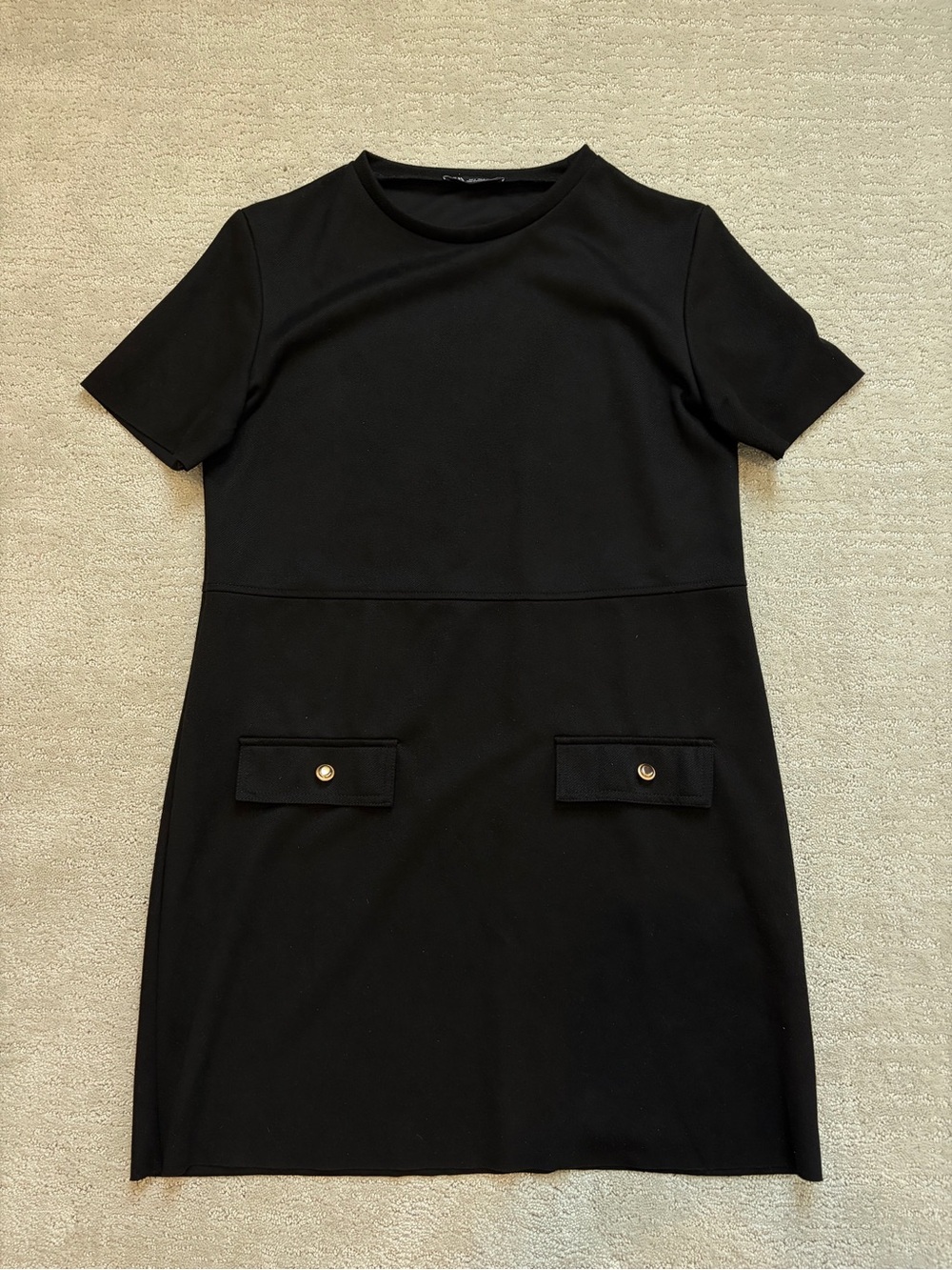 Zara Black Short-Sleeve Mini Shift Dress with Front Flap Pockets